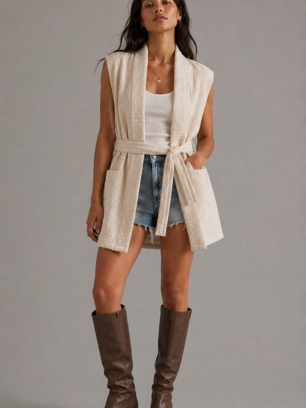 lululemon athletica Cream Quilted Sleeveless Belted Vest
